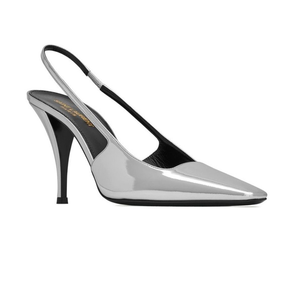 SAINT LAURENT 
silver leather almond toe 
 slingback strap 90mm heel - Picture 3 of 7